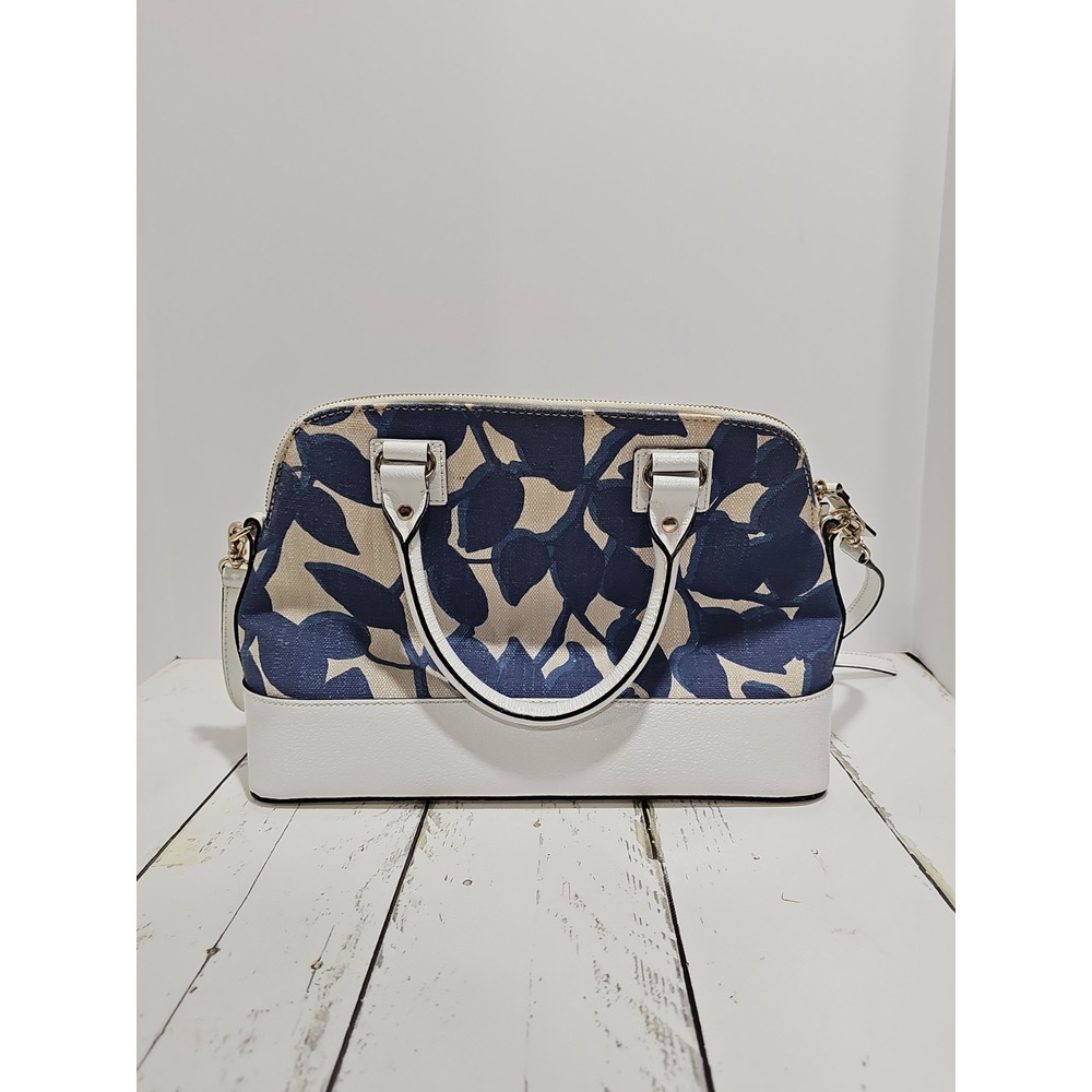 Kate Spade Wellesley Rachelle Leaves Dome Satchel Handbag Navy Blue White Canvas - Picture 7 of 13